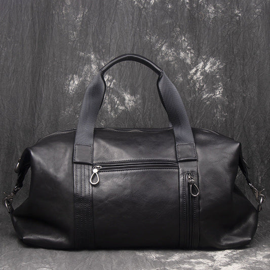 Casual Black Leather Men's Overnight Bag Large Travel Bag Luggage Weekender Bag For Men