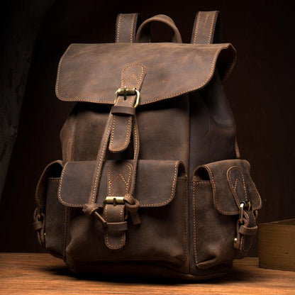 Casual Dark Brown Leather Mens 12 inches Laptop Backpack Leather school Backpack for Men