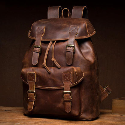 Fashion Dark Brown Mens Leather 15inchs Computer Backpack Cool Travel Backpacks School Backpack for men