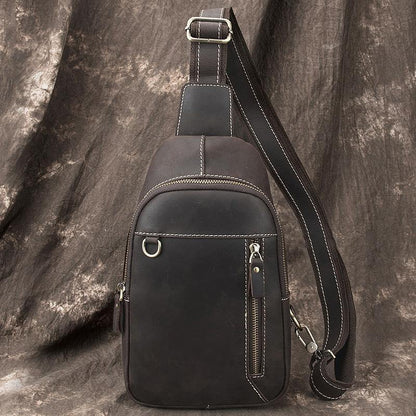 Simple Black Leather Sling Backpack Mens Sling Bag Vintage Sling Pack For Men