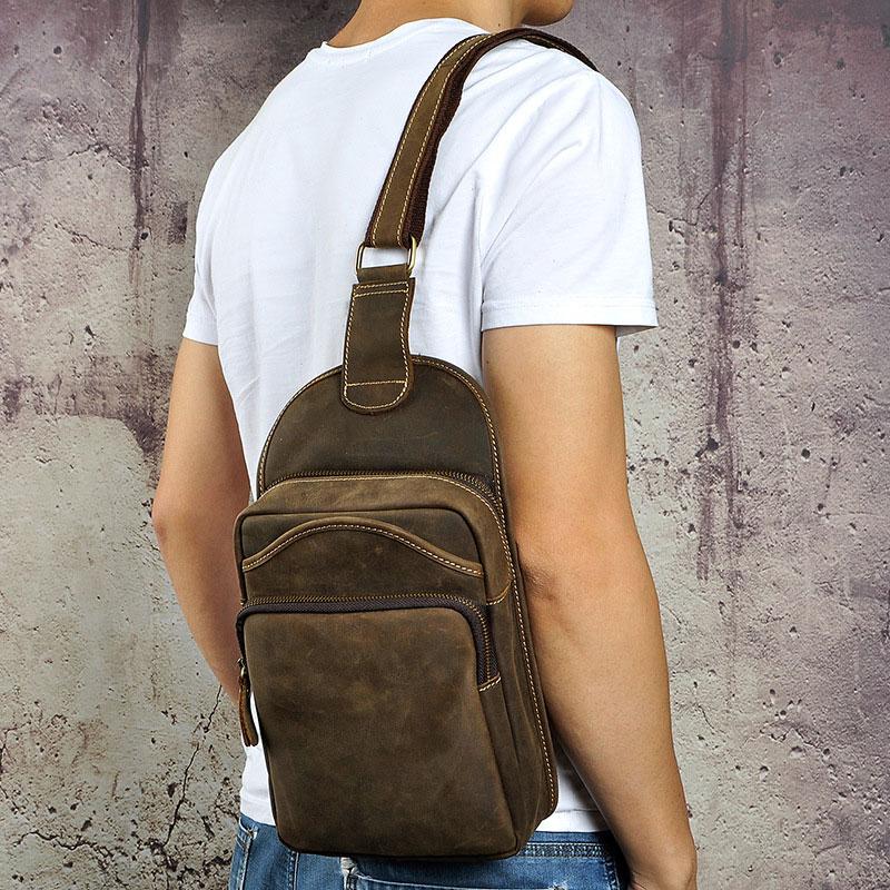 Vintage Leather Mens One Shoulder Backpack Sling Bag Chest Bag Sling Backpack for men