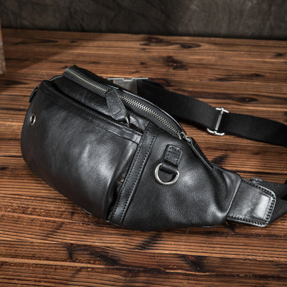 Black Mens Leather Fanny Pack Bum Bag for Men Casual Waist Bags for Men