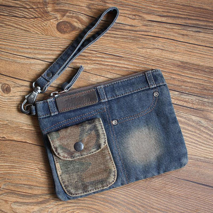 Cool Denim Blue Mens Envelope Bag Clutch Jean Wristlet Bag Hand Bag For Men