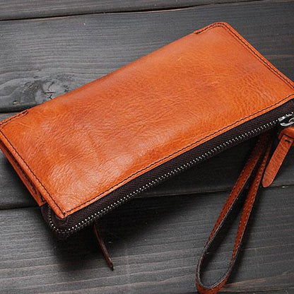 Handmade Leather Mens Cool Long Leather Wallet Zipper Clutch Wristlet Wallet for Men