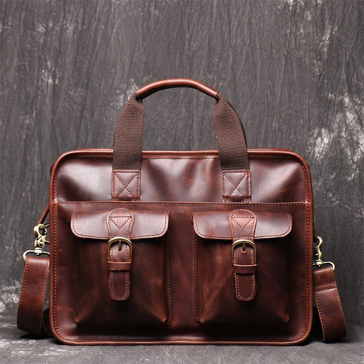 Red Brown Leather Mens 14 inches Large Laptop Work Bag Handbag Briefcase Shoulder Bags Business Bags For Men