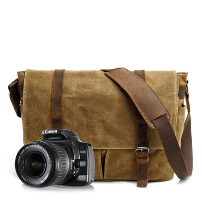 Waxed Canvas Leather Mens Waterproof 14'' Camera Bags Black Side Bag Messenger Bag Shoulder Bag For Men