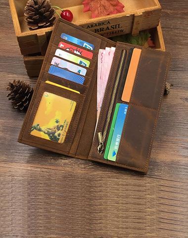 Vintage Cool Coffee Mens Leather Long Wallets Bifold Long Wallets for Men