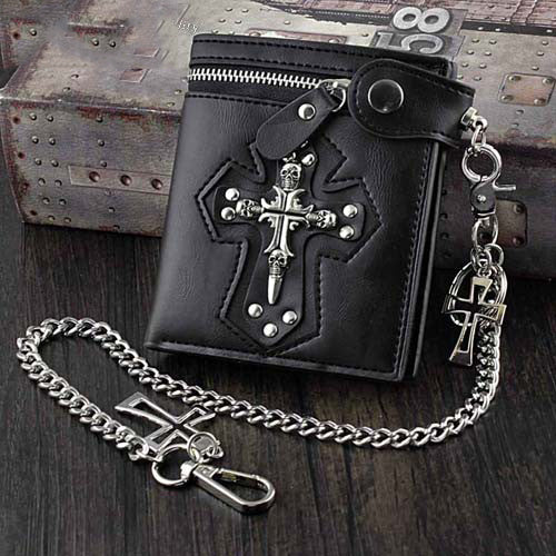 Punk Black Leather Men's Small Biker Wallet Chain Wallet Skull Cross billfold Wallet with Chain For Men