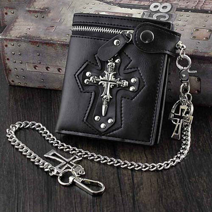 Punk Black Leather Men's Small Biker Wallet Chain Wallet Skull Cross billfold Wallet with Chain For Men