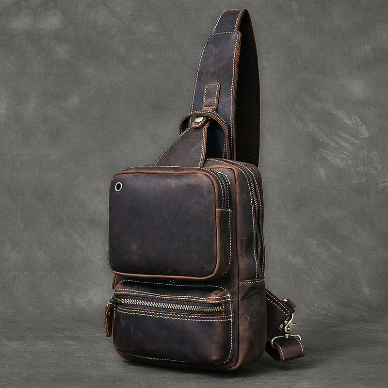 Cool Leather Mens 10' Brown Sling Bag Chest Bag Dark Coffee One Shoulder Backpack for Men