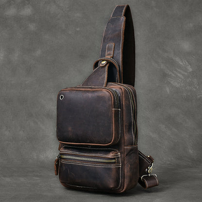 Cool Leather Mens 10' Brown Sling Bag Chest Bag Dark Coffee One Shoulder Backpack for Men