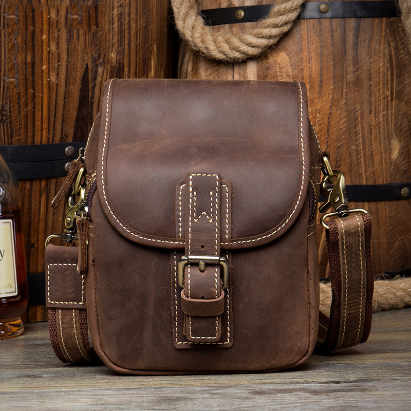 Dark Brown Casual Leather Mens Small Side Bag Messenger Bag Waist Bag Belt Pouch for Men