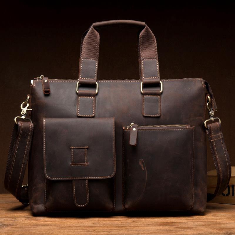 Vintage Brown Leather Mens 15 inches Briefcase Laptop Side Bag Business Bag Brown Work Bags for Men