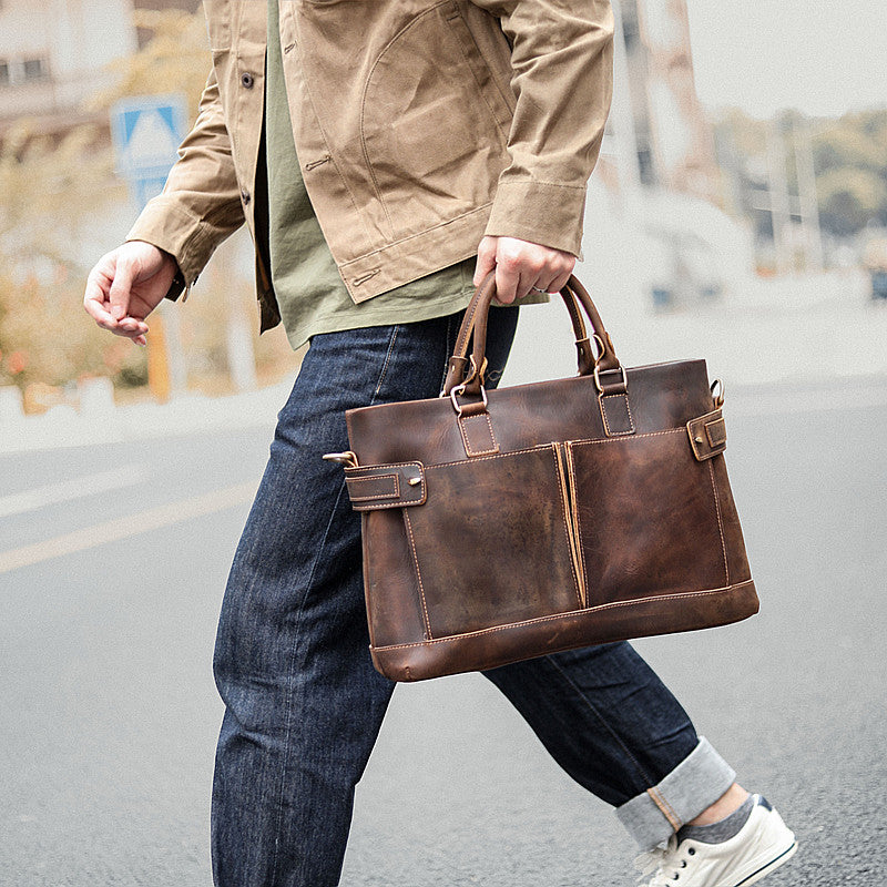 Vintage Dark Brown Mens Leather Briefcase Work Handbags Brown 14'' Computer Briefcase For Men