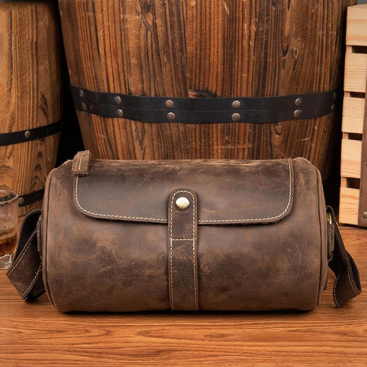 Cool Mens Brown Leather Small Barrel Messenger Bag Bucket Courier Bags for Men