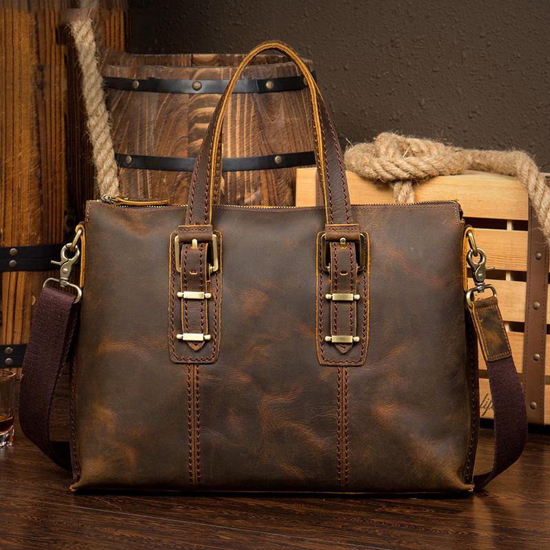 Vintage Brown Leather Mens 15 inches Briefcase Laptop Bag Business Bags Work Bags for Men