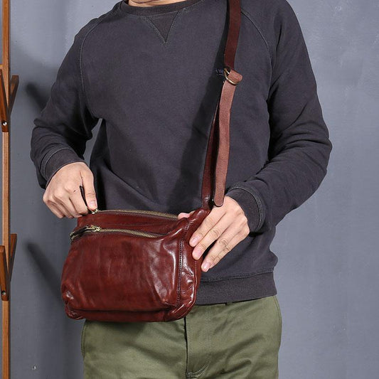 Vintage Black Leather Mens Cool Small Side Bag Messenger Bag Brown Postman Courier Bag for Men