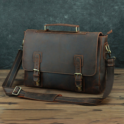 Vintage Brown Leather Mens 15 inches Laptop Work Bag Handbag Briefcase Shoulder Bags Business Bags For Men