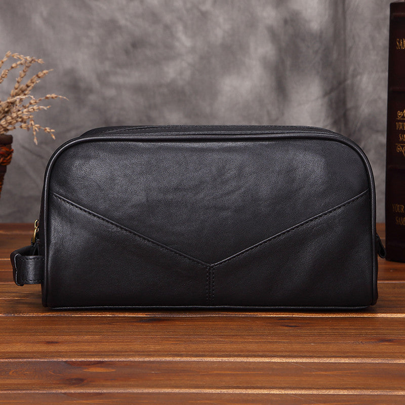 Casual Black Leather Men's Wristlet Bag Double Zipper Clutch Bag For Men