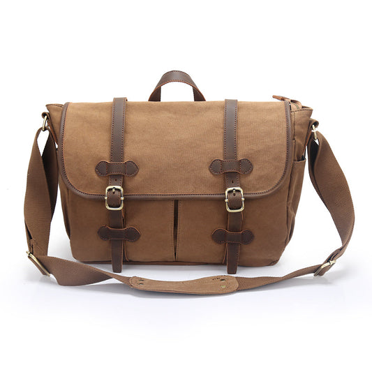 Canvas Leather Mens Womens 14' Side Bag Khaki Messenger Bag Shoulder Bag Handbag for Men