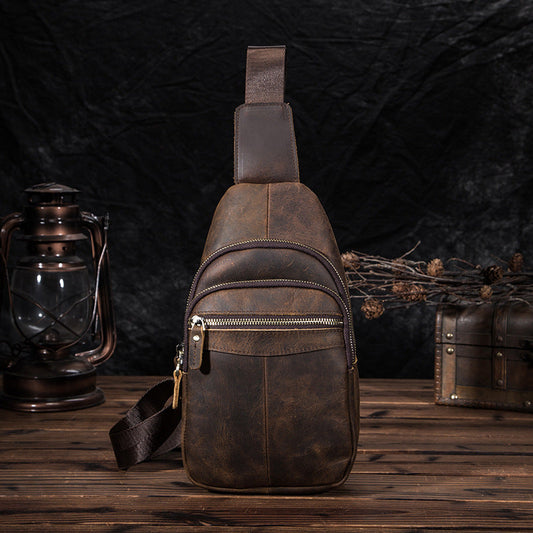 Vintage Brown Leather Men's Sling Bag 8-inches Chest Bag Vintage One shoulder Backpack For Men