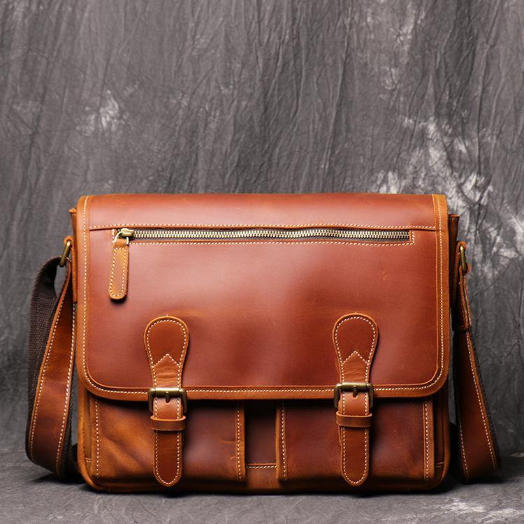 Cool Brown LEATHER MENS 12'' Side BAG COURIER BAG Brown MESSENGER BAG FOR MEN