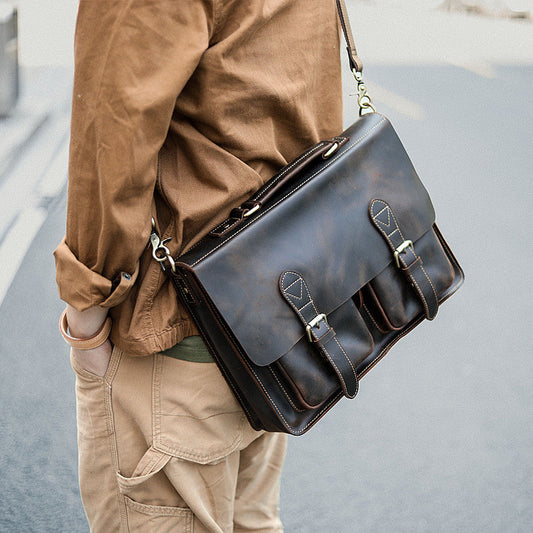 Vintage Dark Brown Mens Leather Briefcase Work Handbag Dark Coffee 14'' Computer Briefcase For Men