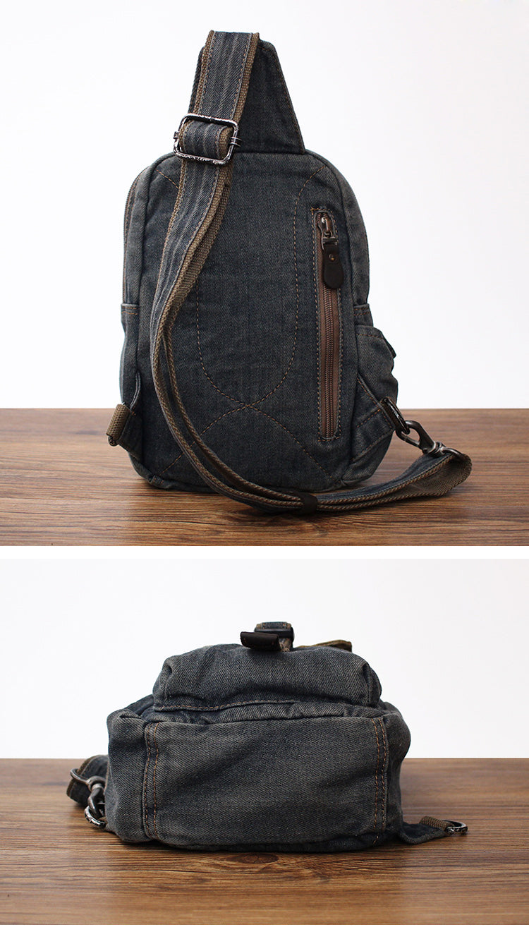 Vintage Blue Denim Mens Sling Bag Chest Bag Cool Blue Denim Sling Bag For Men