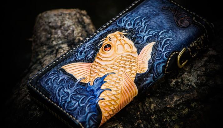 Handmade Leather Men Tooled Carp Cool Leather Wallet Long Phone Wallets for Men