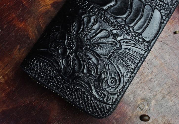 Handmade Leather Floral Mens Cool Zipper Phone Travel Long Wallet Card Holder Card Slim Clutch Wallets for Men