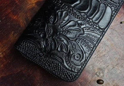 Handmade Leather Floral Mens Cool Zipper Phone Travel Long Wallet Card Holder Card Slim Clutch Wallets for Men