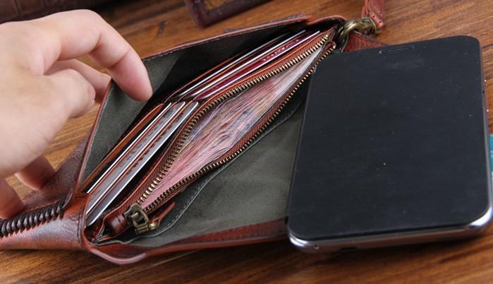 Genuine Leather Mens Cool Biker Chain Wallet Long Leather Wallet Slim Clutch Wristlet Wallet for Men