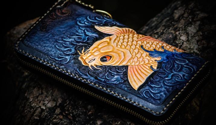 Handmade Leather Men Tooled Carp Cool Leather Wallet Long Phone Wallets for Men