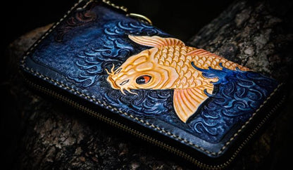 Handmade Leather Men Tooled Carp Cool Leather Wallet Long Phone Wallets for Men