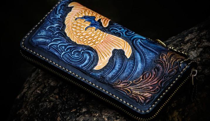 Handmade Leather Men Tooled Carp Cool Leather Wallet Long Phone Wallets for Men