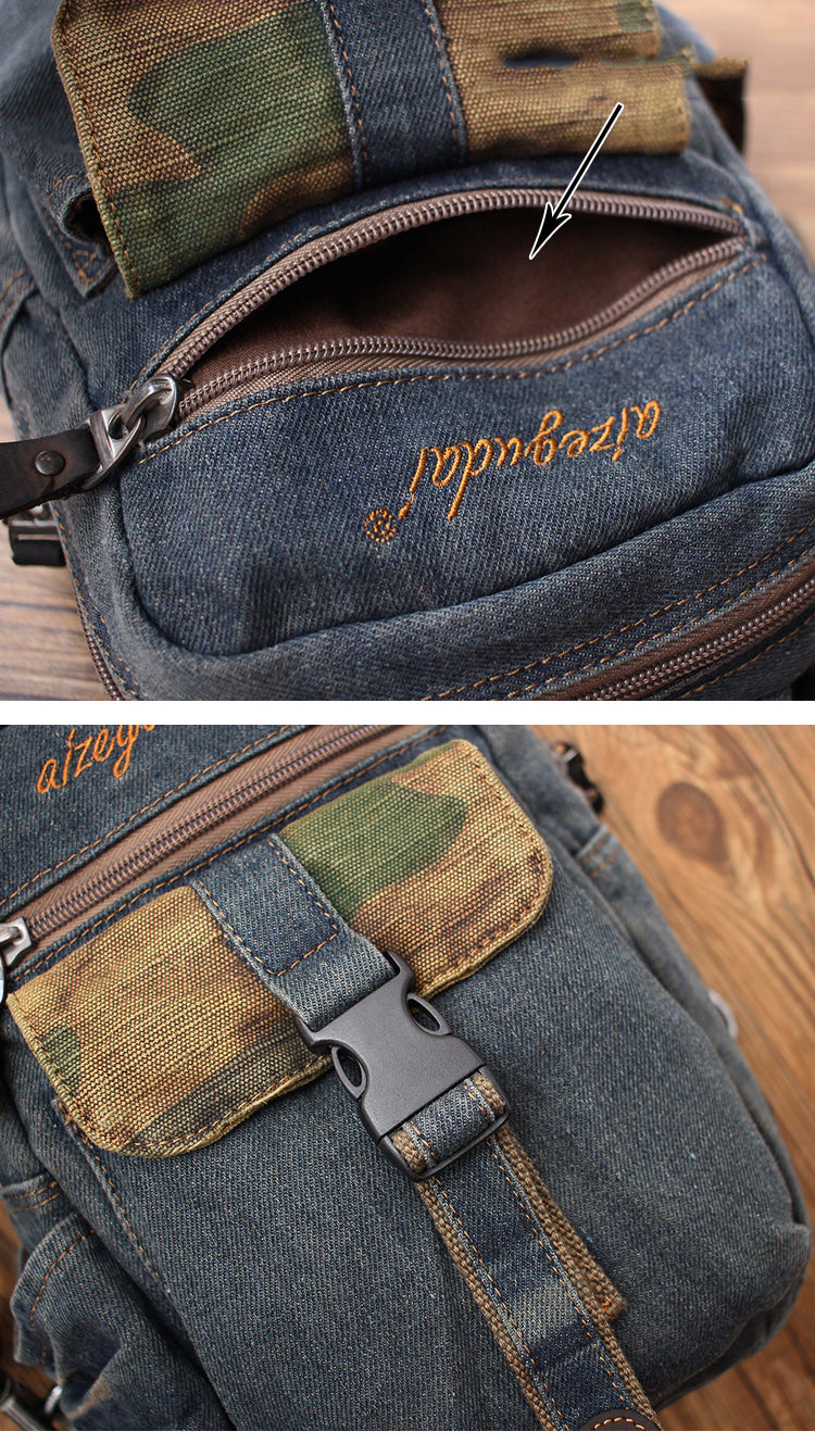 Vintage Blue Denim Mens Sling Bag Chest Bag Cool Blue Denim Sling Bag For Men