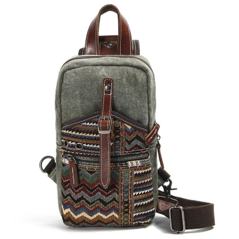 Rustic Canvas Leather Mens Sling Bag Chest Bag One Shoulder Pack for men