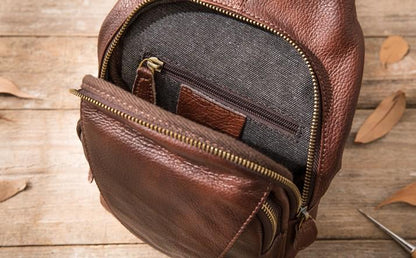 Coffee Leather Mens Sling Bag Sling Shoulder Bags Sling Backpacks for men