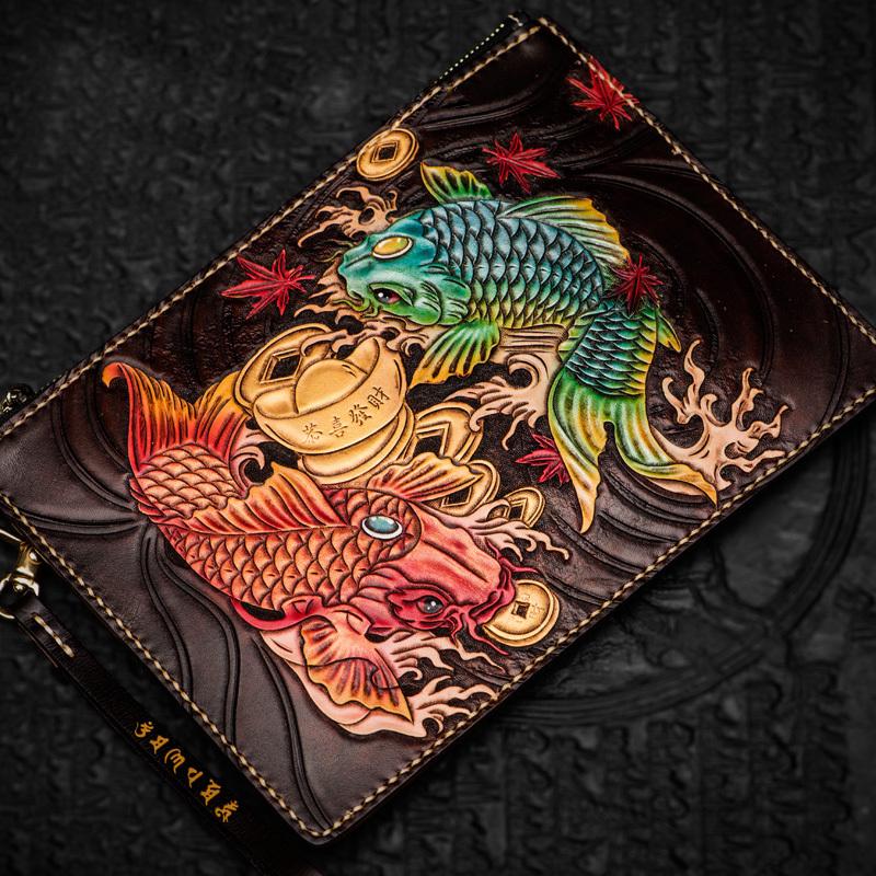 Handmade Leather Tibet Scriptures Tooled Wristlet Bag iPad Bag Mens Cool Leather Wallet Long Clutch for Men