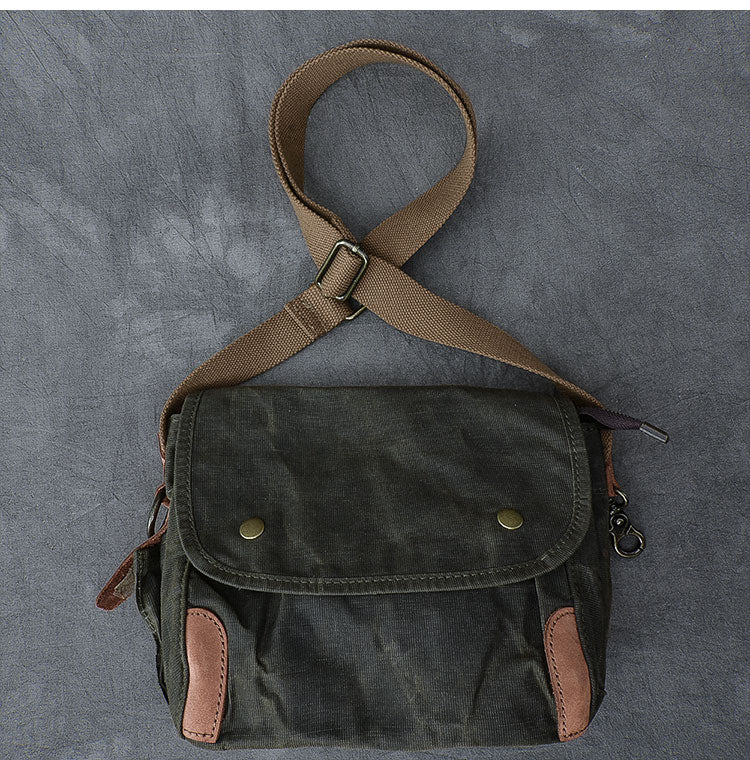 Waxed Canvas Leather Mens Gray Vintage Side Bag Khaki Messenger Bag Small Shoulder Bag For Men