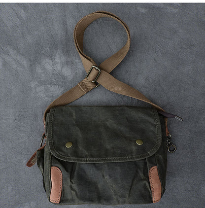 Waxed Canvas Leather Mens Gray Vintage Side Bag Khaki Messenger Bag Small Shoulder Bag For Men