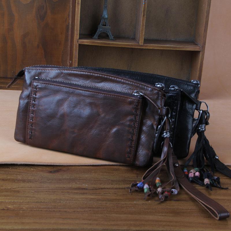 Handmade Genuine Leather Mens Cool Long Leather Wallet Zipper Clutch Wristlet Wallet for Men