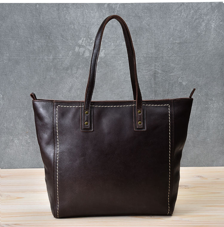 Leather Mens Womens 15' Large Shoulder Bag Brown Tote Bag Large Side Bag Dark Coffee Handbag For Men