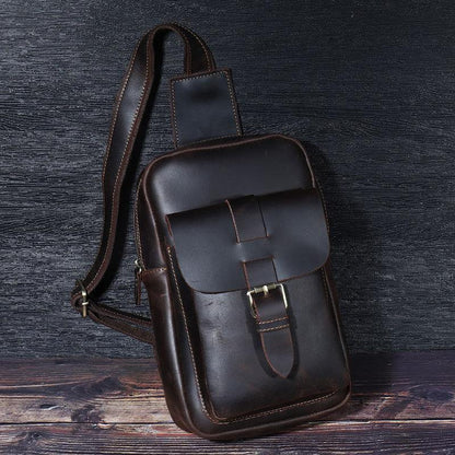 Brown Cool LEATHER MENS Sling Bags One Shoulder Backpack Dark Coffee Chest Bag For Men