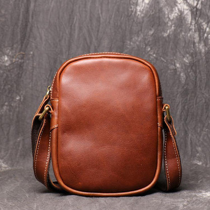 Black Leather Small Zipper Messenger Bag Vertical Side Bag Brown Courier Bag For Men