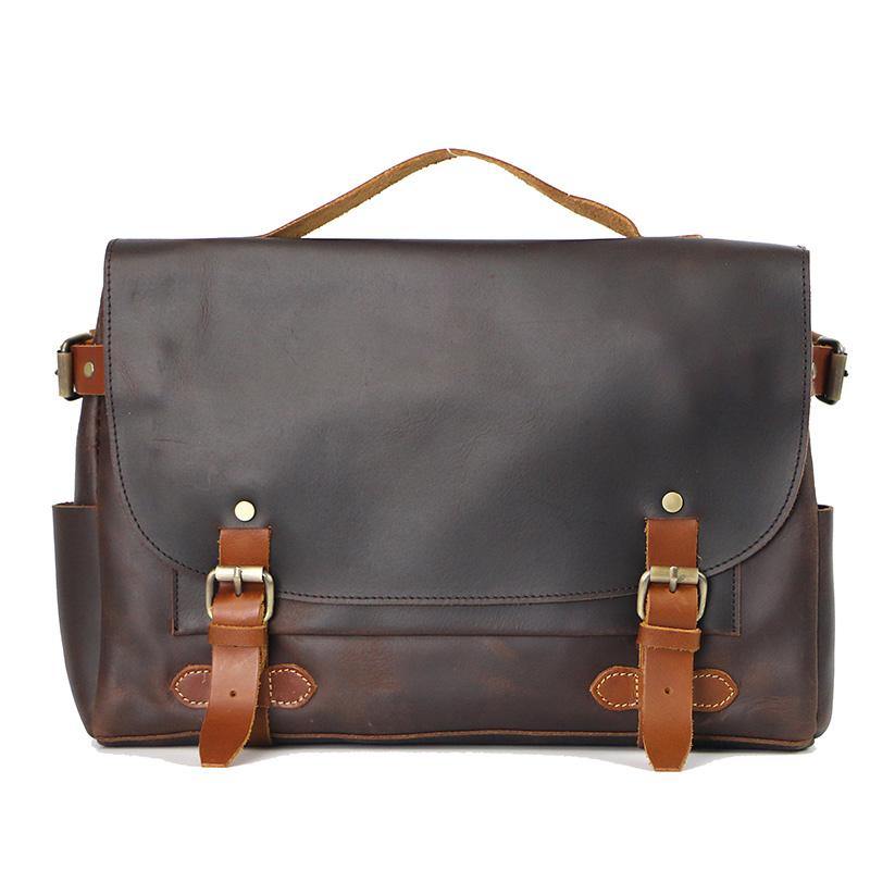 Vintage Dark Brown Leather Mens 14 inches Briefcase Black Work Briefcase Handbag For Men