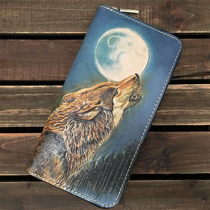 Handmade Black Mah¨¡k¨¡la Wolf Tooled Leather Long Wallet Clutch Zipper Wallet For Men