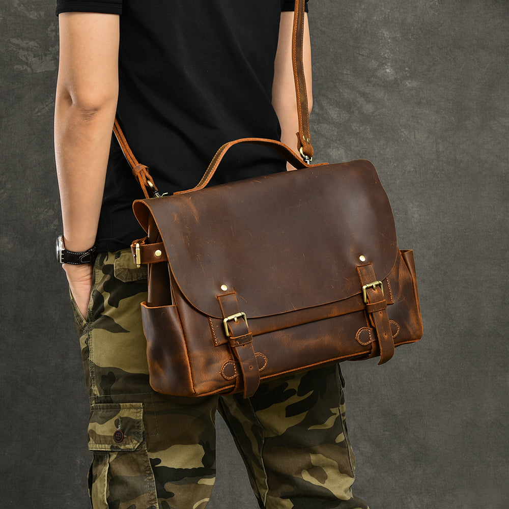 Leather Mens Brown Briefcase 12'' Laptop Briefcase Crossbody Side Bag Shoulder Bag For Men