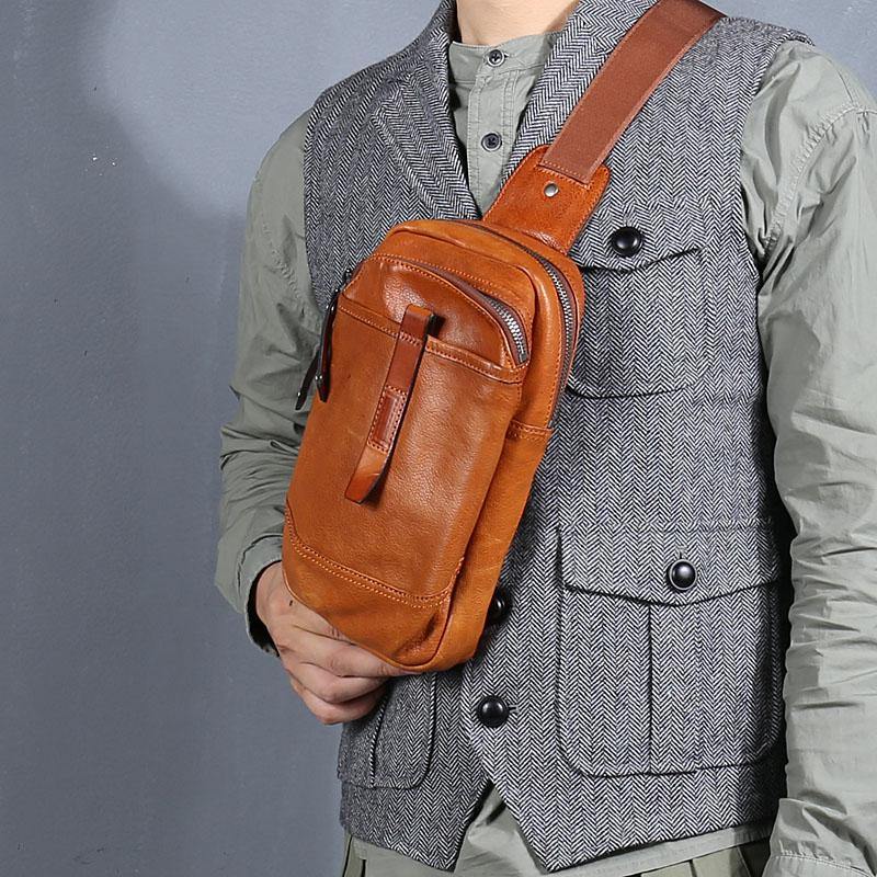 Casual Tan Leather Mens Chest Bag Sling Bag Coffee Crossbody Pack One Shoulder Backpack for Men