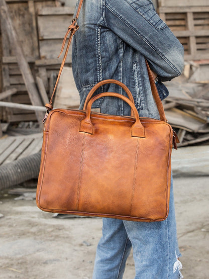 Vintage Brown Leather Mens 14 inches Briefcase Work Side Bag Brown Laptop Briefcase Business Bag for Men